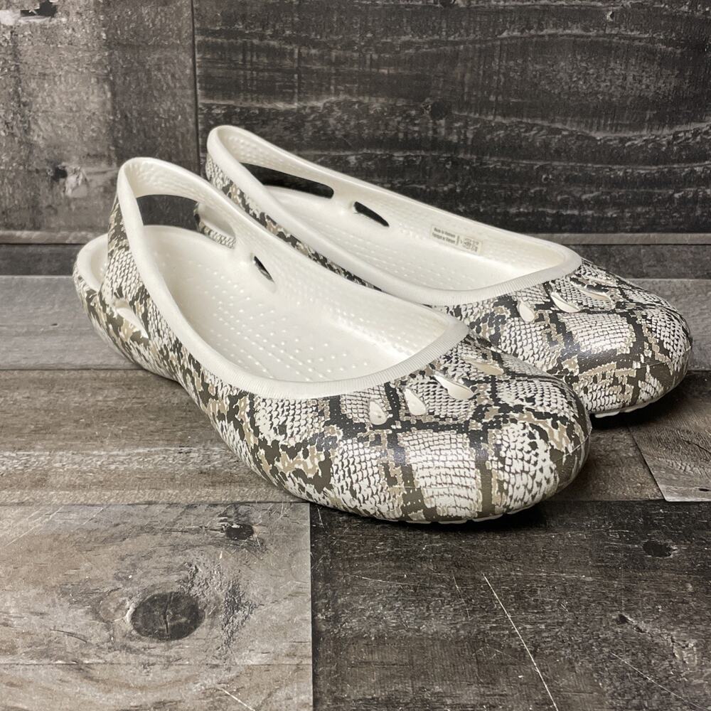CROCS Snake Print Flats in White and Gray